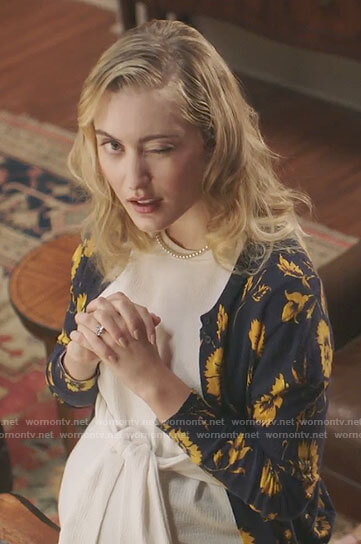 Becky’s white tie-front maternity top and floral cardigan on Filthy Rich