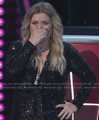 Kelly’s black sequin tie jumpsuit on The Voice