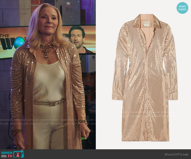 Bottega Veneta Sequin-embellished satin-jersey midi dress worn by Margaret Monreaux (Kim Cattrall) on Filthy Rich