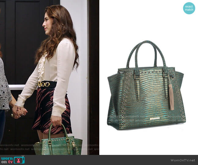 Brahmin Priscilla Satchel in Emerald Moa worn by Ginger Sweet (Melia Kreiling) on Filthy Rich