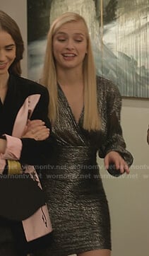 Camille’s metallic plunge mini dress  on Emily in Paris