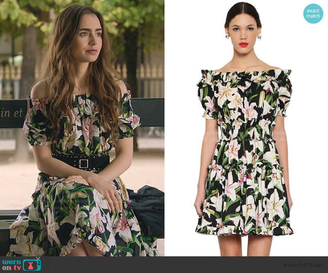 Dolce & Gabbana Printed Off-Shoulder Cotton Poplin Dress worn by Emily Cooper (Lily Collins) on Emily in Paris