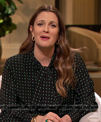 Drew’s black polka dot tie neck blouse on The Drew Barrymore Show