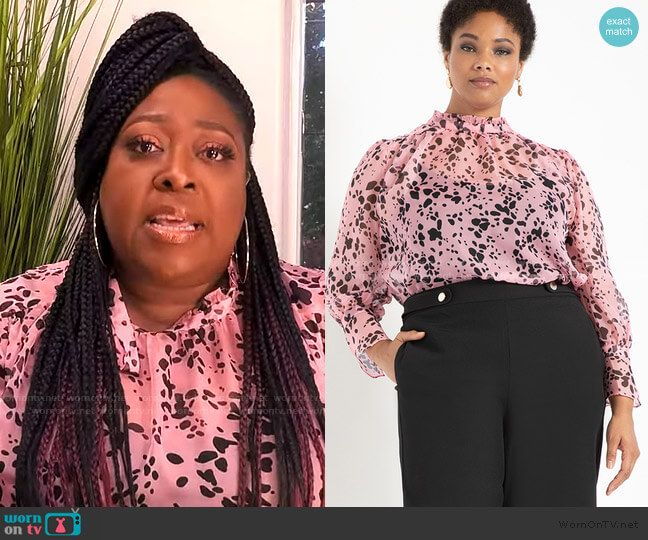 Eloquii Printed Sheer Ruffle Neck Blouse worn by Loni Love on The Real