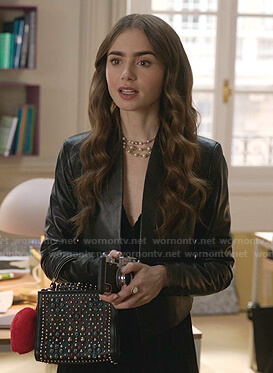 Emily’s black leather open jacket on Emily in Paris