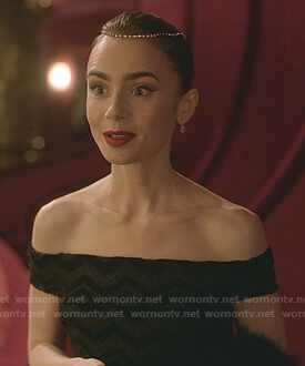 Emily’s black zig-zag off-shoulder gown on Emily in Paris