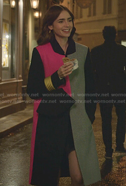 Emily’s colorblock coat on Emily in Paris