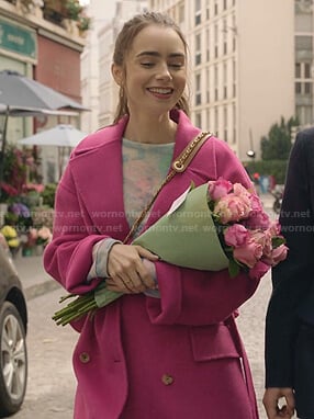 Emily’s pink double breasted coat on Emily in Paris