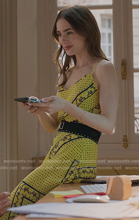 Emily’s yellow mixed print top and skirt on Emily in Paris