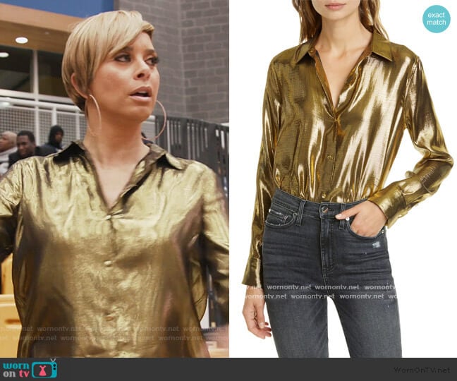 Equipment Burnel Metallic Silk Blouse worn by Robyn Dixon on The Real Housewives of Potomac