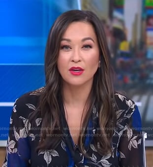 Eva’s black floral tie neck blouse on Good Morning America