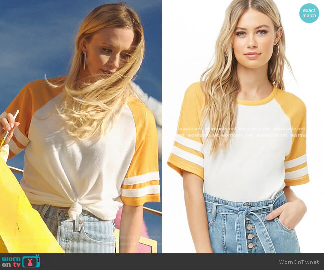 Forever 21 Varsity-Striped Baseball Tee worn by Rachel (Aqueela Zoll) on Filthy Rich