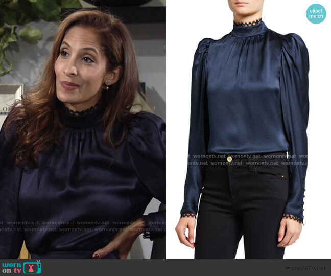 Frame Lace-Trim Silk High-Neck Top worn by Lily Winters (Christel Khalil) on The Young and the Restless