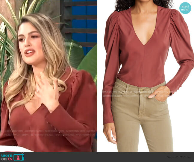 Frame V-Neck Puff Shoulder Silk Top worn by Carissa Loethen Culiner on E! News