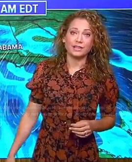 Ginger’s navy and orange floral tie neck dress on Good Morning America