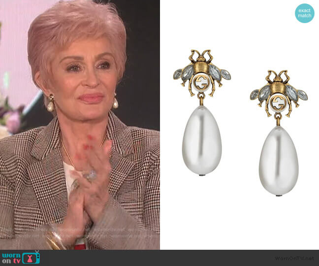 Gucci Bee earrings with drop pearls worn by Sharon Osbourne on The Talk