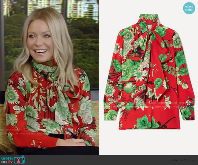 Gucci Floral-Print Pussy Bow Blouse worn by Kelly Ripa on Live with Kelly and Mark