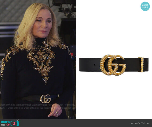 Gucci Leather belt with torchon Double G buckle worn by Margaret Monreaux (Kim Cattrall) on Filthy Rich