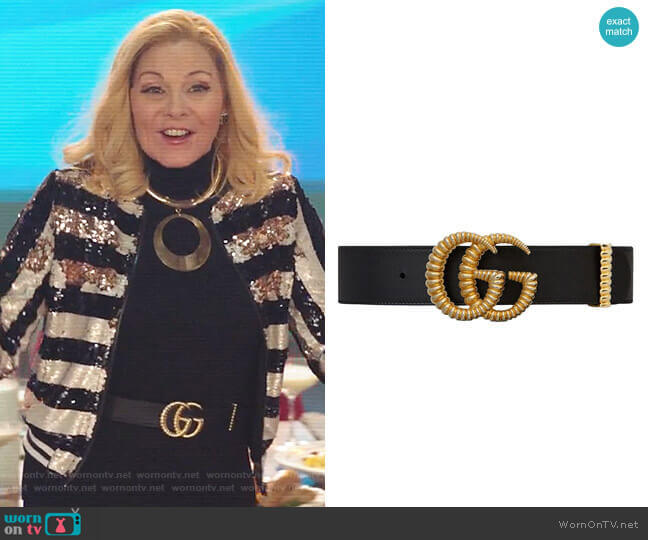 Gucci Leather belt with torchon Double G buckle worn by Margaret Monreaux (Kim Cattrall) on Filthy Rich