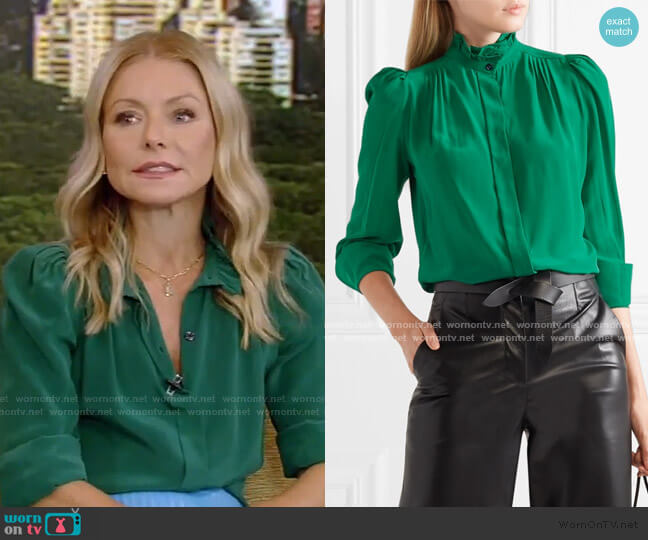 Isabel Marant Lamia Ruffle-Trimmed Silk Blouse worn by Kelly Ripa on Live with Kelly and Mark