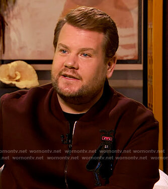 James Gorden’s burgundy bug embroidered jacket on The Drew Barrymore Show