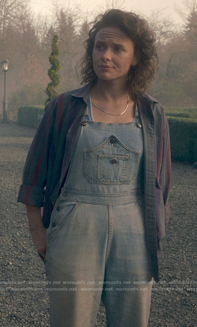 Jamie’s denim overalls with front pockets and striped shirt on The Haunting of Bly Manor