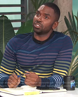 Justin’s blue stripe sweater on E! News Daily Pop