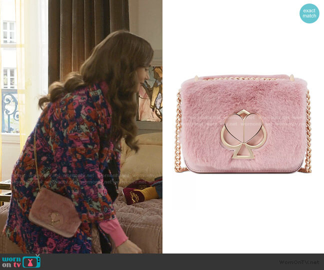 Kate Spade Nicola Faux Fur Twistlock Chain Shoulder Bag worn by Emily Cooper (Lily Collins) on Emily in Paris