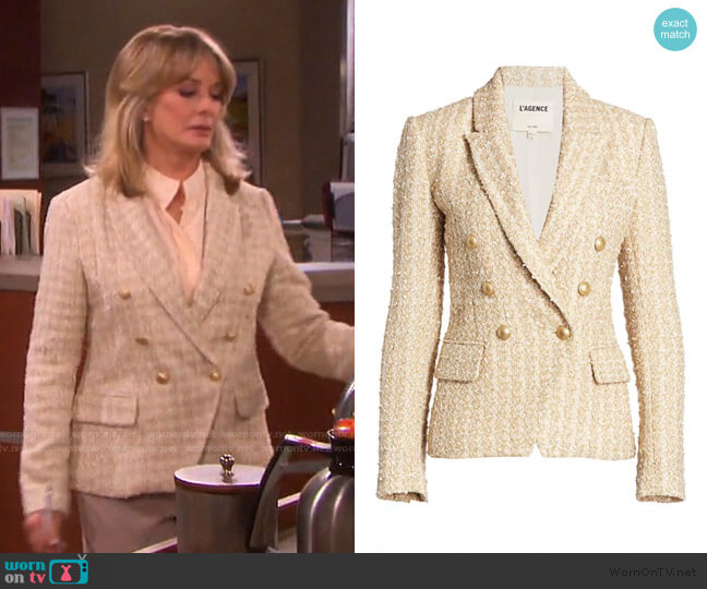 L'Agence Kenzie Double Breasted Metallic Tweed Blazer worn by Marlena Evans (Deidre Hall) on Days of our Lives