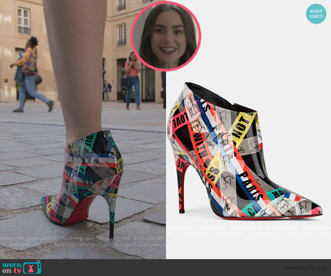 Christian Louboutin Gorgona Patent Leather Ankle Boots worn by Emily Cooper (Lily Collins) on Emily in Paris