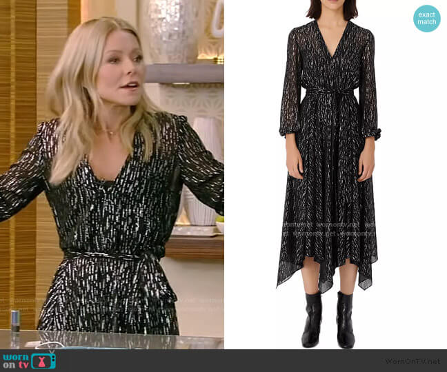 Maje Route Rimix Metallic Scarf Hem Midi Dress worn by Kelly Ripa on Live with Kelly and Mark