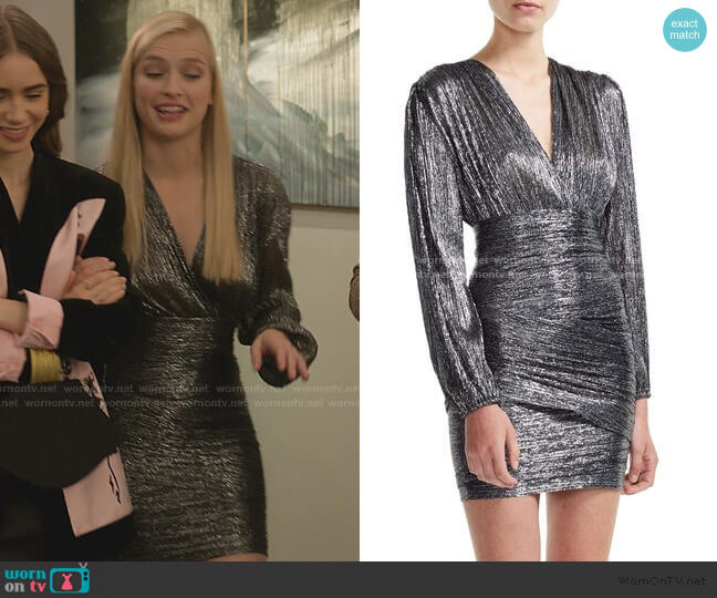 Maje Runny Long Sleeve Metallic Minidress worn by Camille (Camille Razat) on Emily in Paris