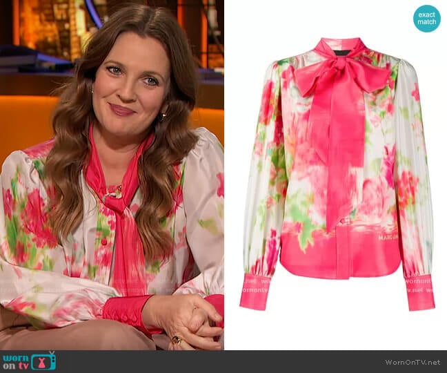 Marc Jacobs abstract floral print blouse worn by Drew Barrymore on The Drew Barrymore Show