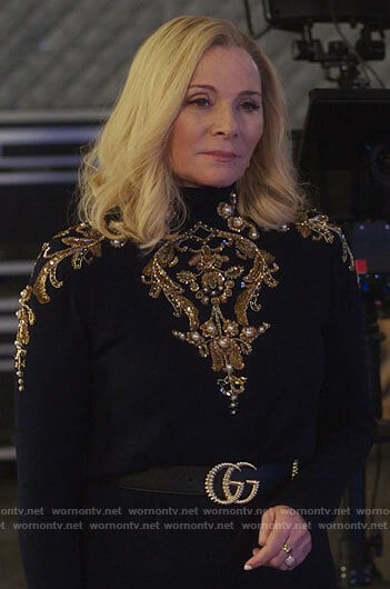Margaret’s pearl embellished turtleneck sweater on Filthy Rich