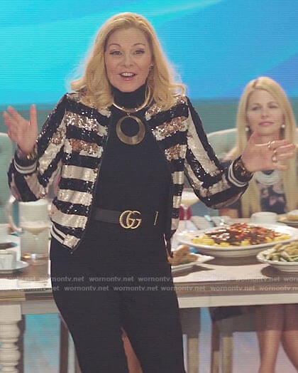 Margaret’s striped sequin bomber jacket on Filthy Rich