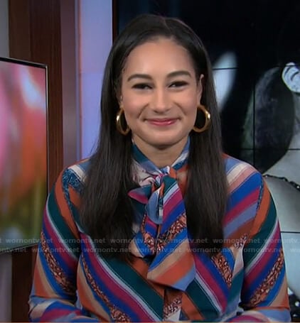 Morgan Radford’s striped tie neck blouse on Today