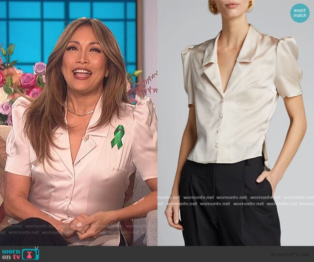 Moussy Satin Puff-Sleeve Blouse worn by Carrie Inaba on The Talk