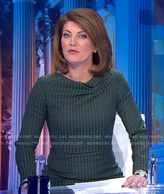 Norah’s green cowl neck dress on CBS Evening News
