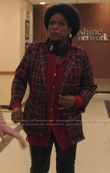 Norah’s red tweed blazer on Filthy Rich