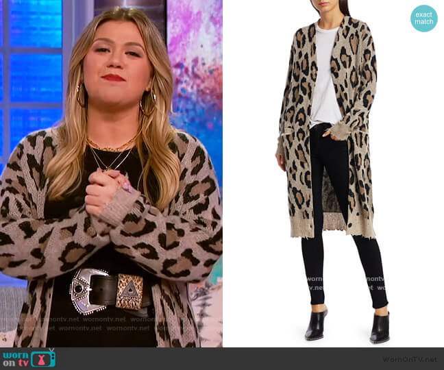 R13 Long Leopard Cashmere Cardigan worn by Kelly Clarkson on The Kelly Clarkson Show