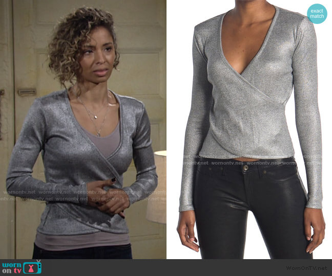 Ramy Brook Metallic Crossover Wrap Top worn by Elena Dawson (Brytni Sarpy) on The Young and the Restless
