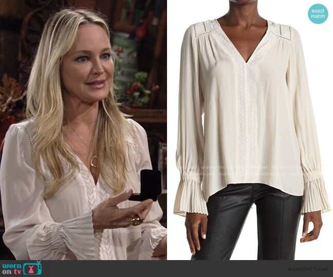 Ramy Brook Sumner V-Neck Pleated Cuff Blouse worn by Sharon Newman (Sharon Case) on The Young and the Restless