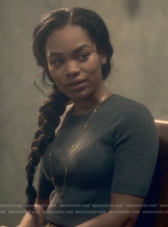 Rebecca’s grey short sleeved sweater on The Haunting of Bly Manor