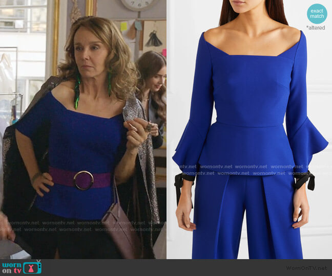 Roland Mouret Holden Off-the-Shoulder Crepe Peplum Top worn by Sylvie (Philippine Leroy-Beaulieu) on Emily in Paris