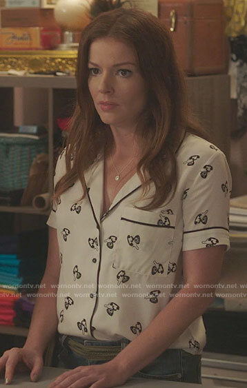 Rose’s white telephone print top on Filthy Rich