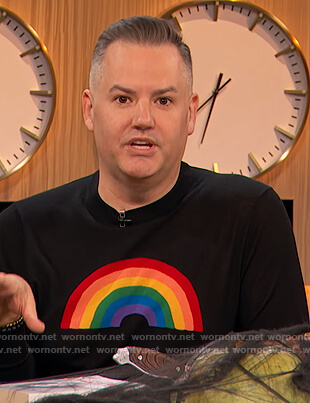 Ross Mathew’s black rainbow sweatshirt on The Kelly Clarkson Show