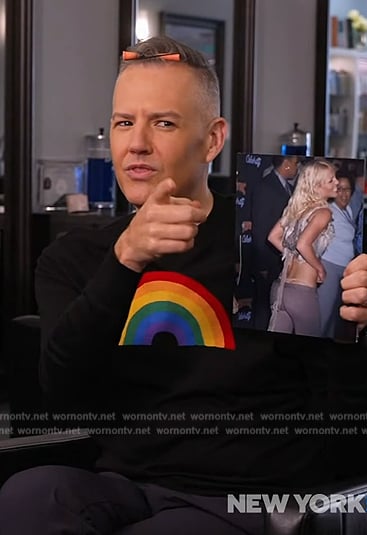 Ross Mathew’s black rainbow sweatshirt on The Kelly Clarkson Show