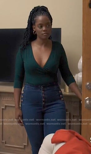 Sabrina’s green top and button detail jeans on Tyler Perrys Sistas