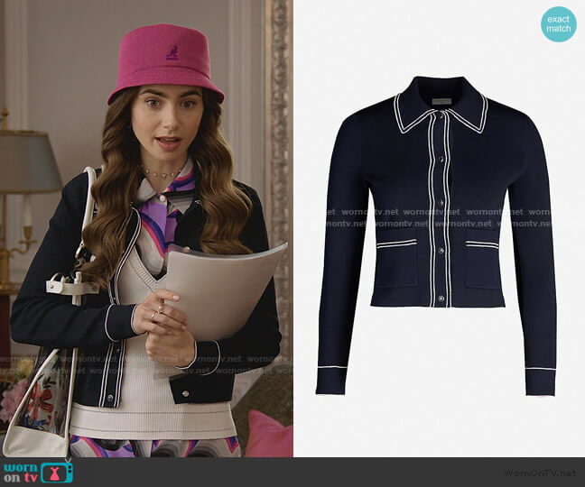 Sandro Sailor Piped-Trim Knitted Cardigan worn by Emily Cooper (Lily Collins) on Emily in Paris
