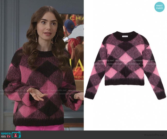 Sandro Sparks Wide Plaid Mohair Sweater worn by Emily Cooper (Lily Collins) on Emily in Paris